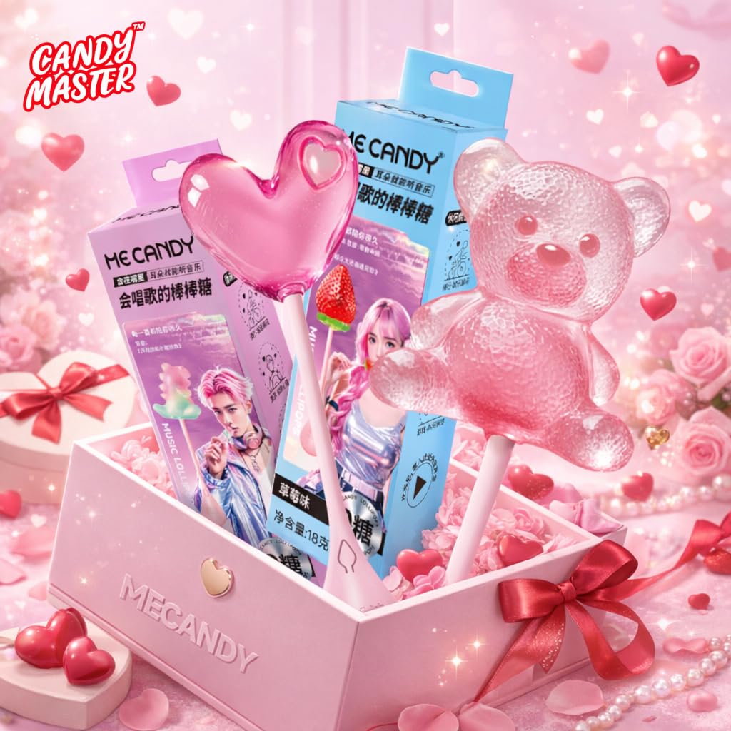 Candy Master MeCandy 4D Strawberry-flavor lollipop; fruity taste and tunes.