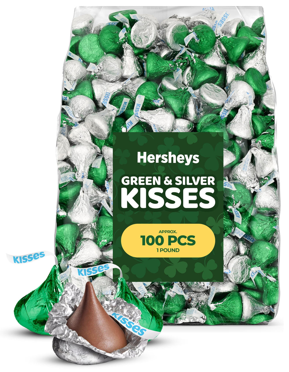 Candylish green and silver foil-wrapped milk chocolate in a 1lb bulk bag for party favors and candy displays.