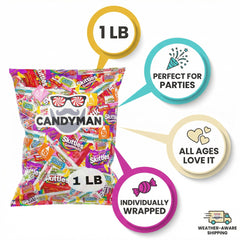 Candyman Candy Mix party favors setup with colorful wrappers for celebrations.