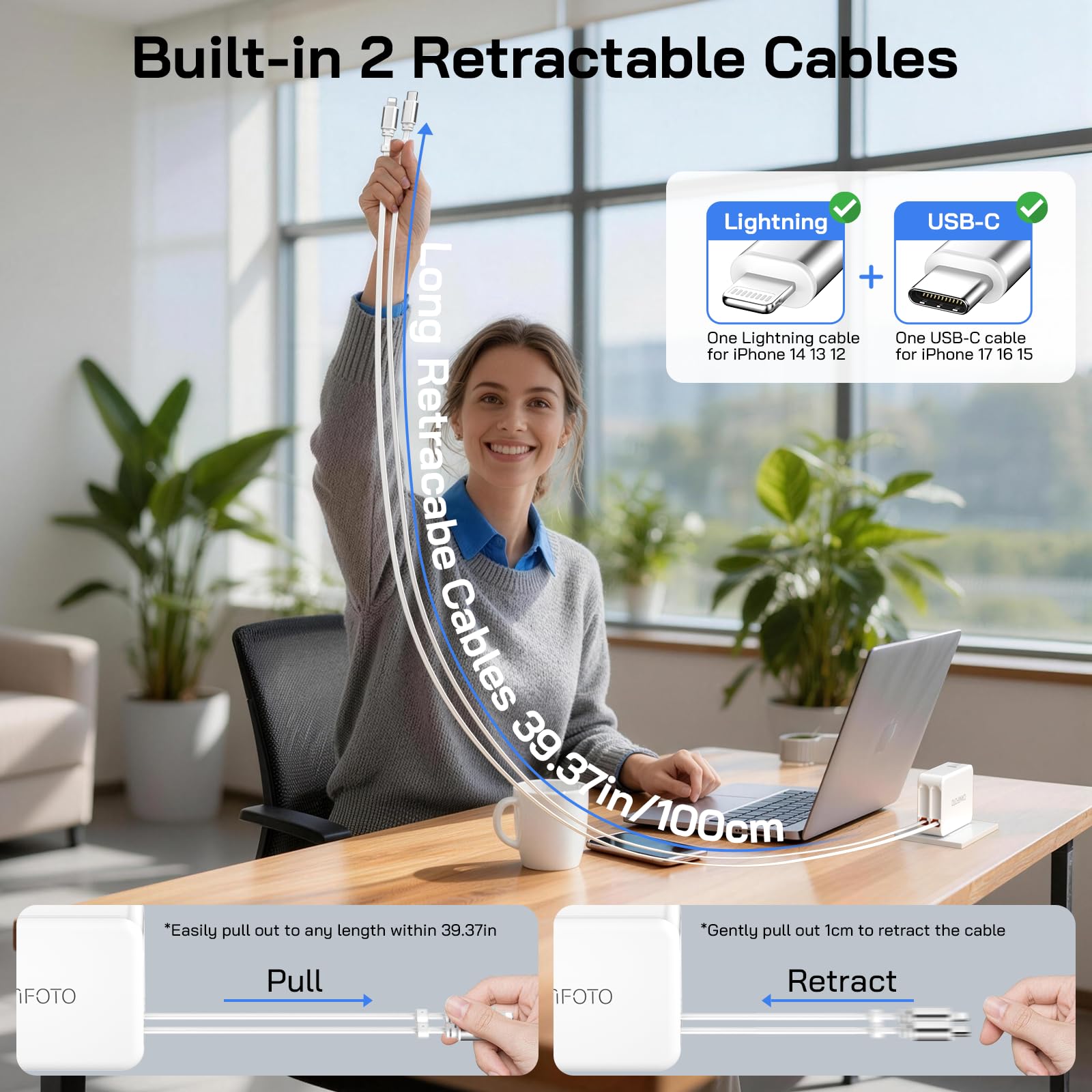 Caniifoto charger with extended cables for flexible desk use
