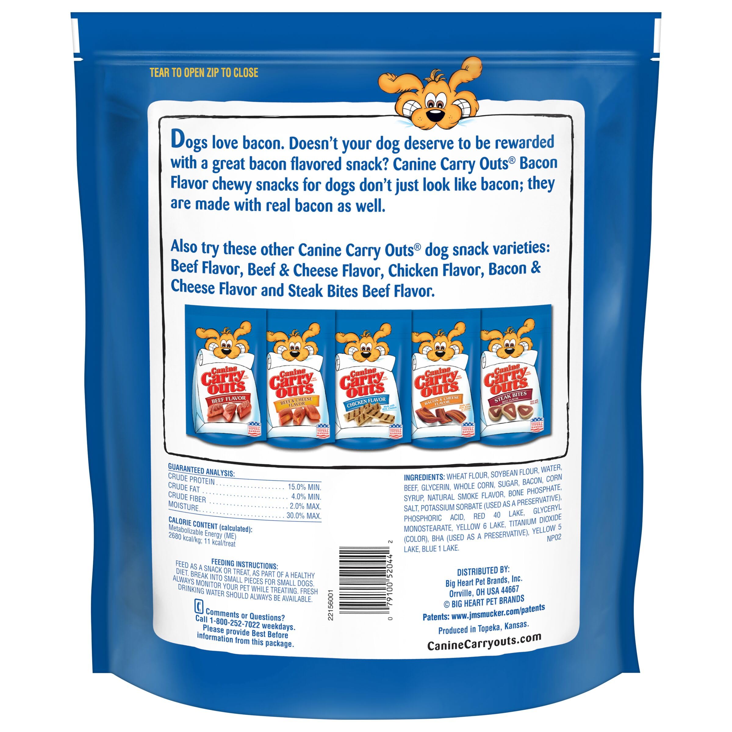 Canine Carry Outs Bacon Flavor produced in Topeka, Kansas, reflecting quality origins.