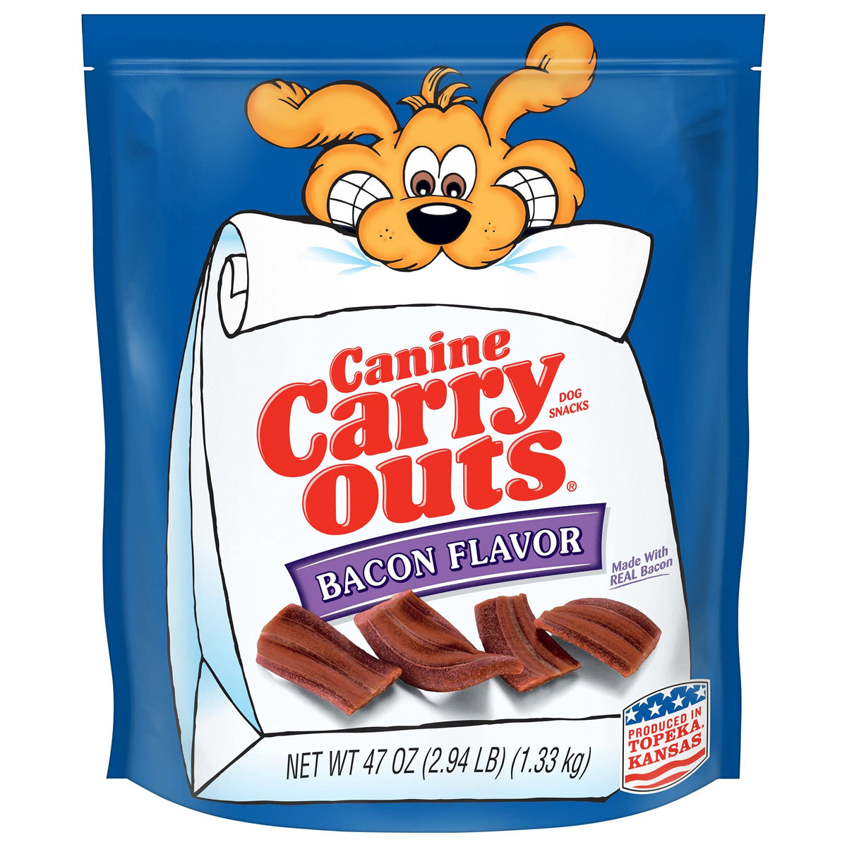 Canine Carry Outs Bacon Flavor dog treats in a 47-ounce bag for daily rewards.