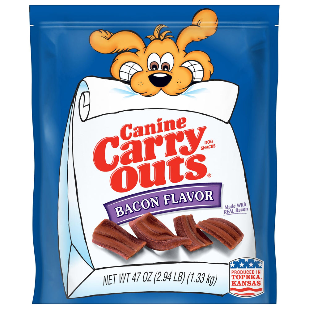 Canine Carry Outs Bacon Flavor dog treats for tasty, reliable rewards.