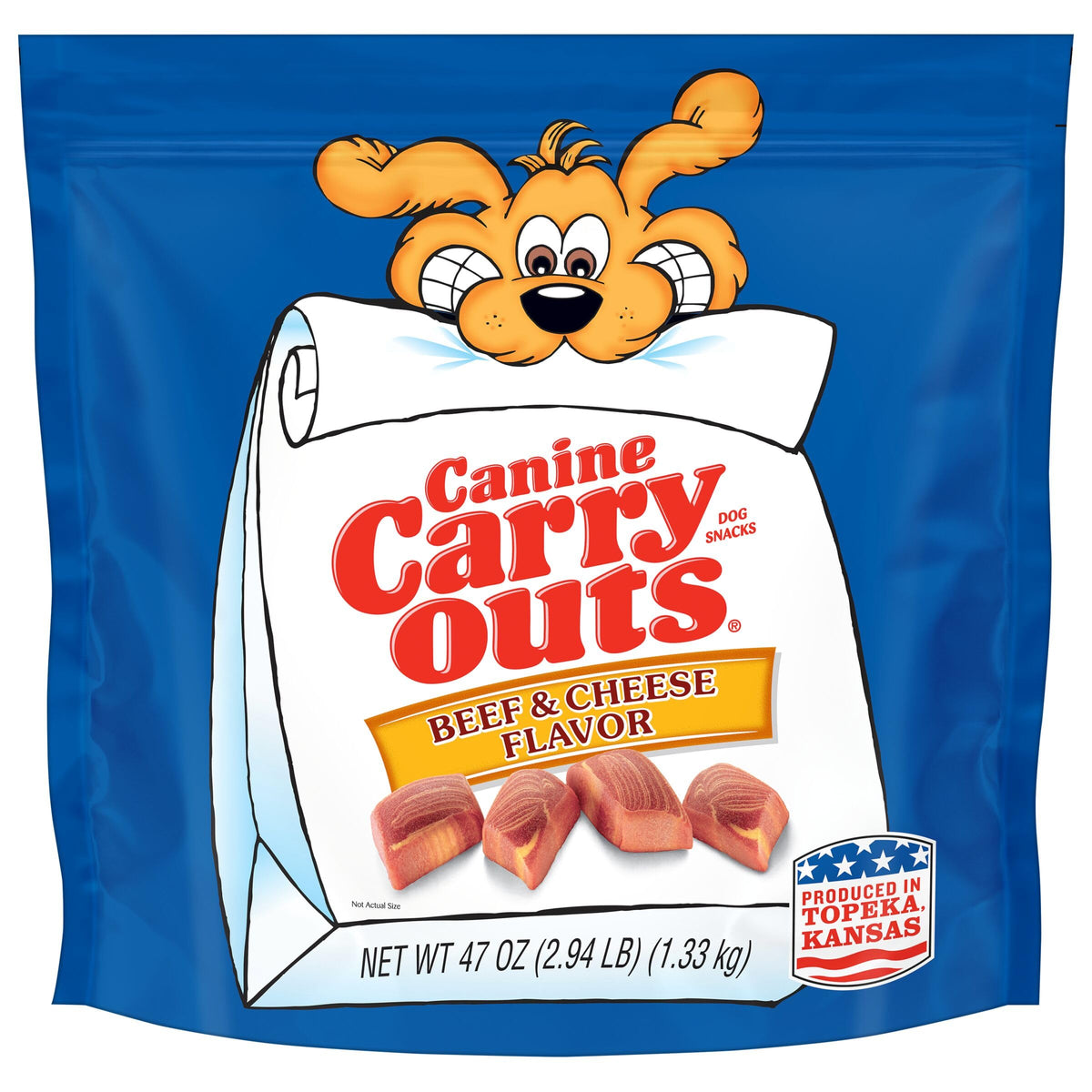 Canine Carry Outs beef & cheese treats in 47oz bag, appealing for daily rewards