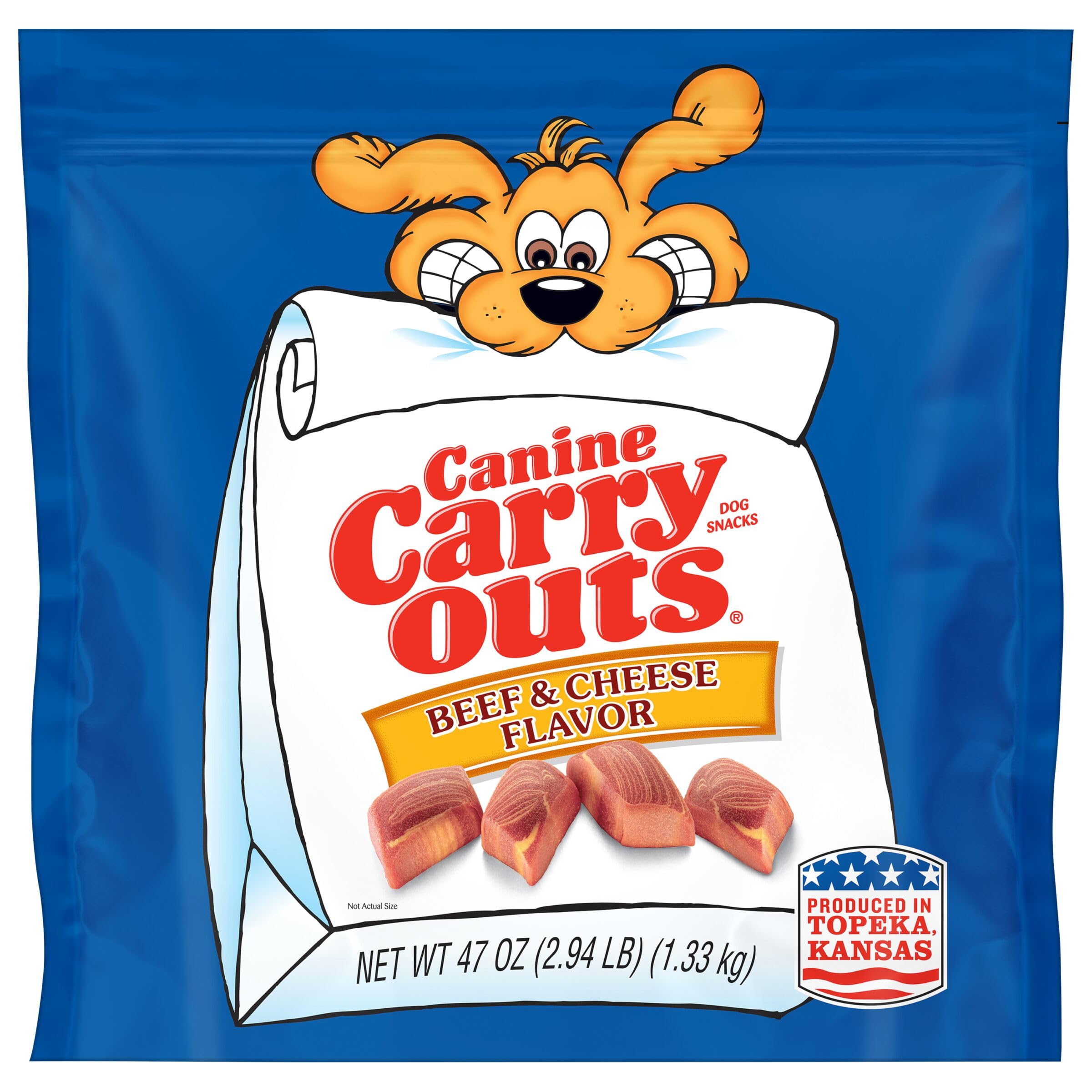 Dog enjoys Canine Carry Outs beef-cheese treats during training or play