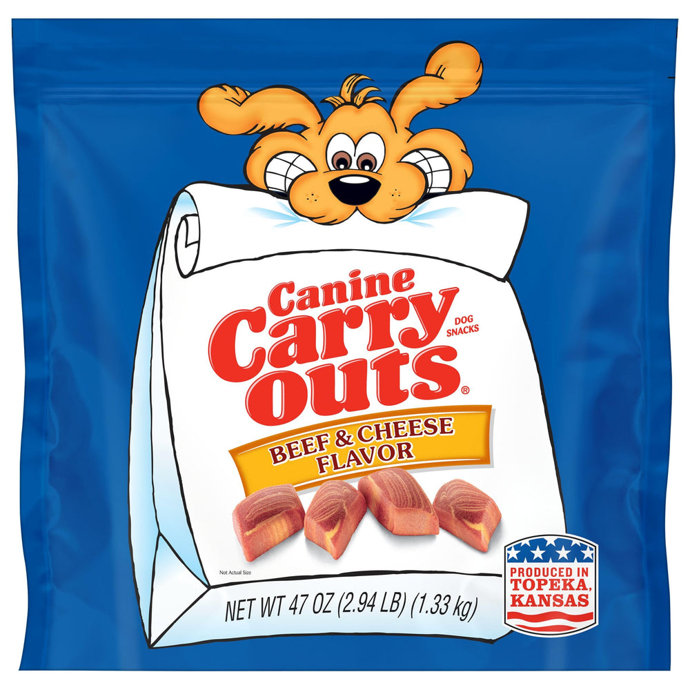 Dog enjoys Canine Carry Outs beef-cheese treats during training or play