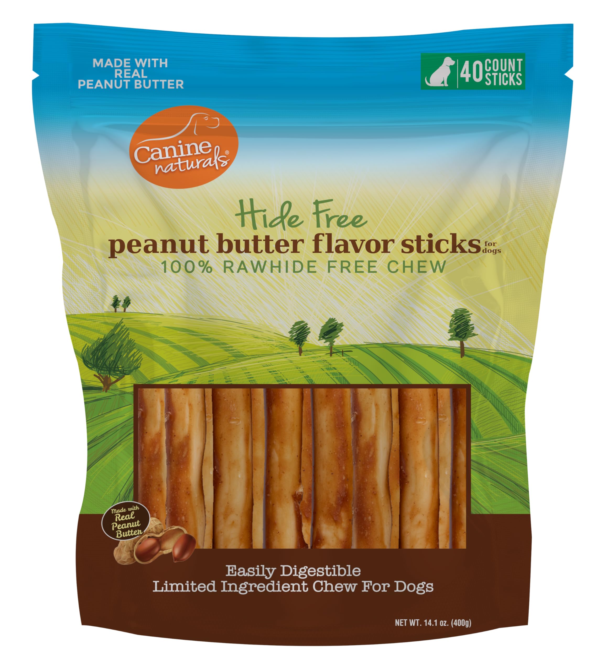 Canine Naturals peanut butter chew packaging highlights rawhide-free formula for dogs.