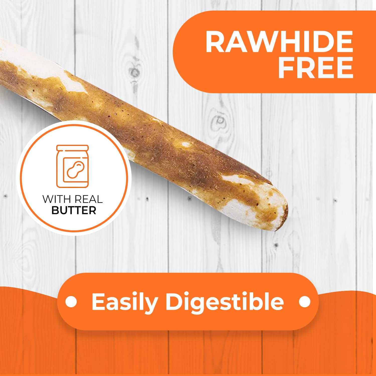 Canine Naturals rawhide-free chew stick close-up with real peanut butter coating.