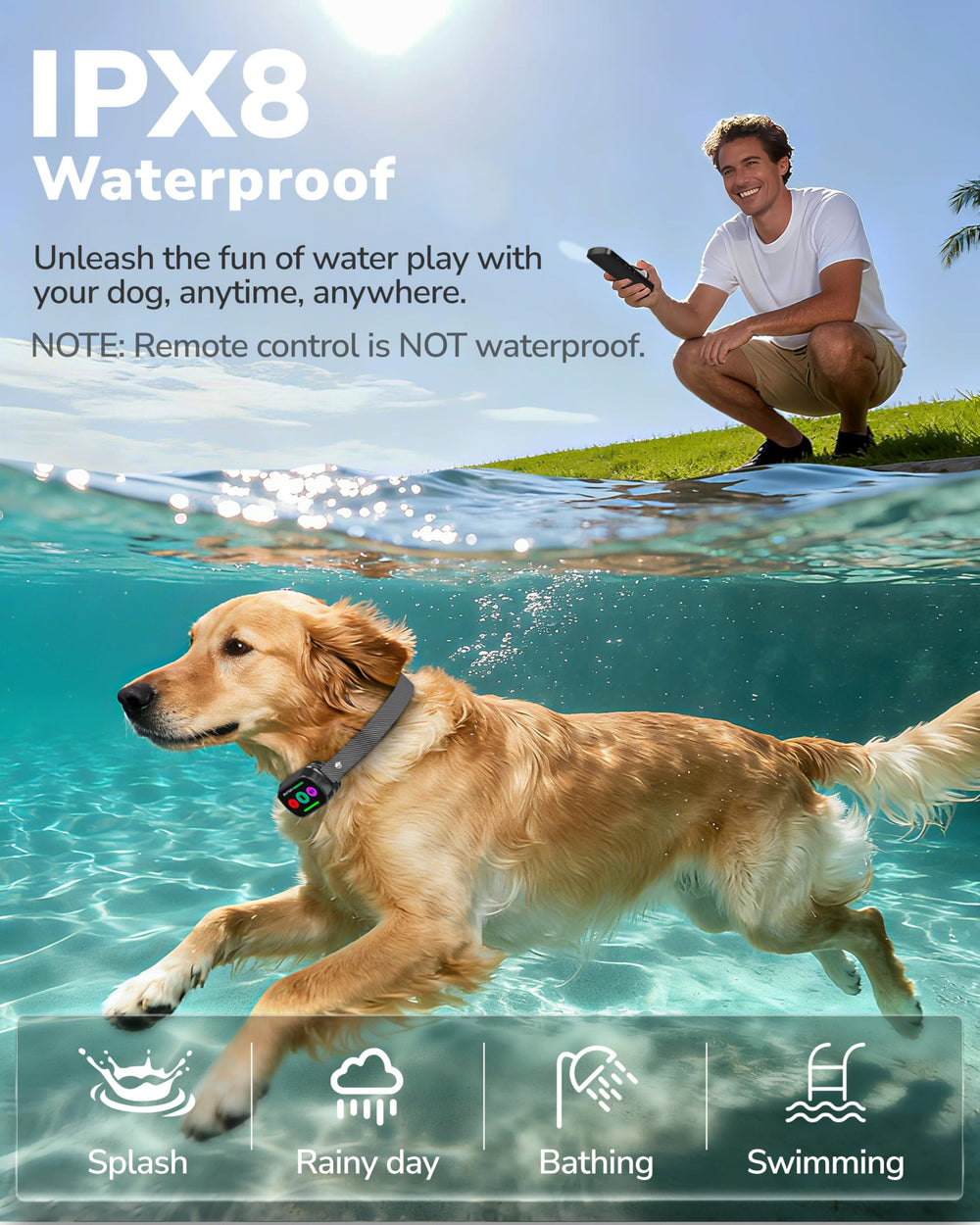 Canivix IPX8 waterproof collar suitable for swimming and rainy walks.