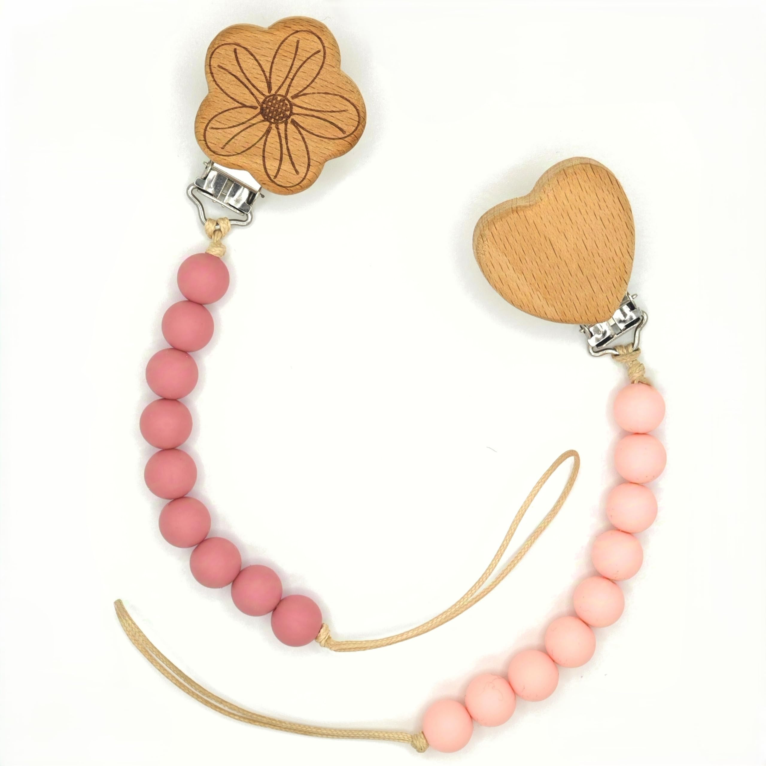 Canjolie wood paci clips 2 pack with playful bead design keeps pacifiers handy.
