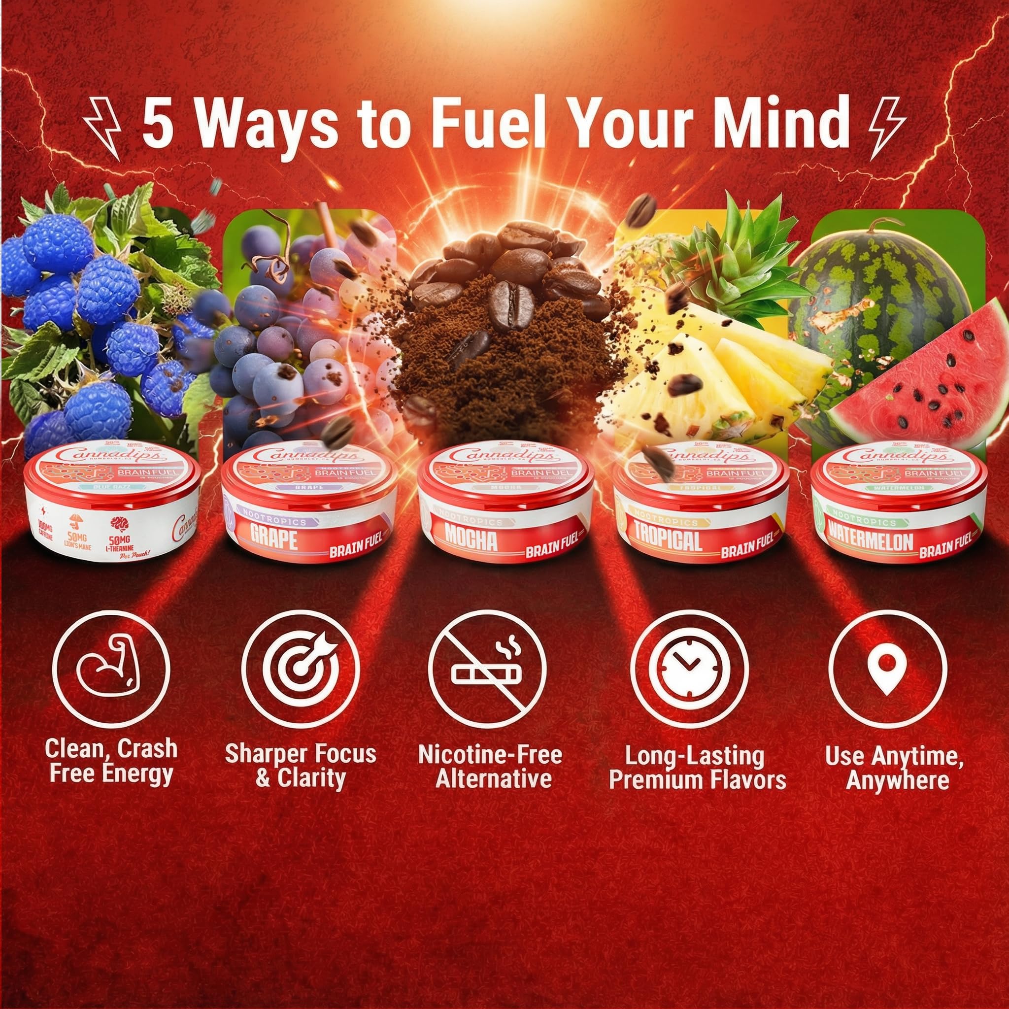 Cannadips Brain Fuel Pack Label highlights sugar-free, clean energy options
