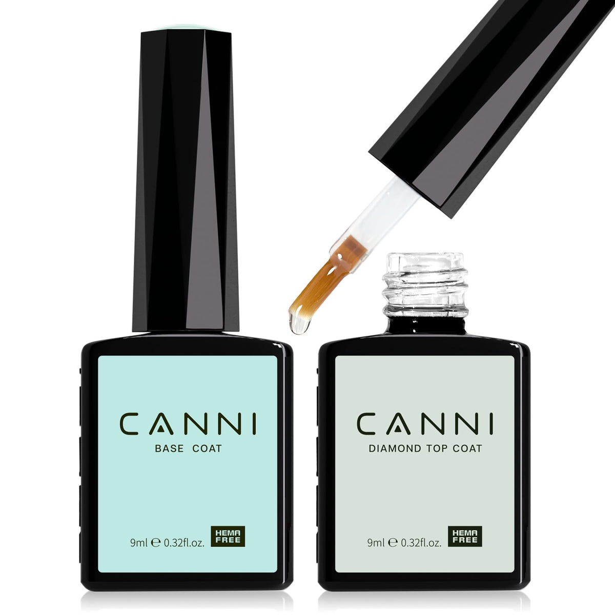 CANNI base and top coat bottles on a clean surface showing a professional home manicure setup