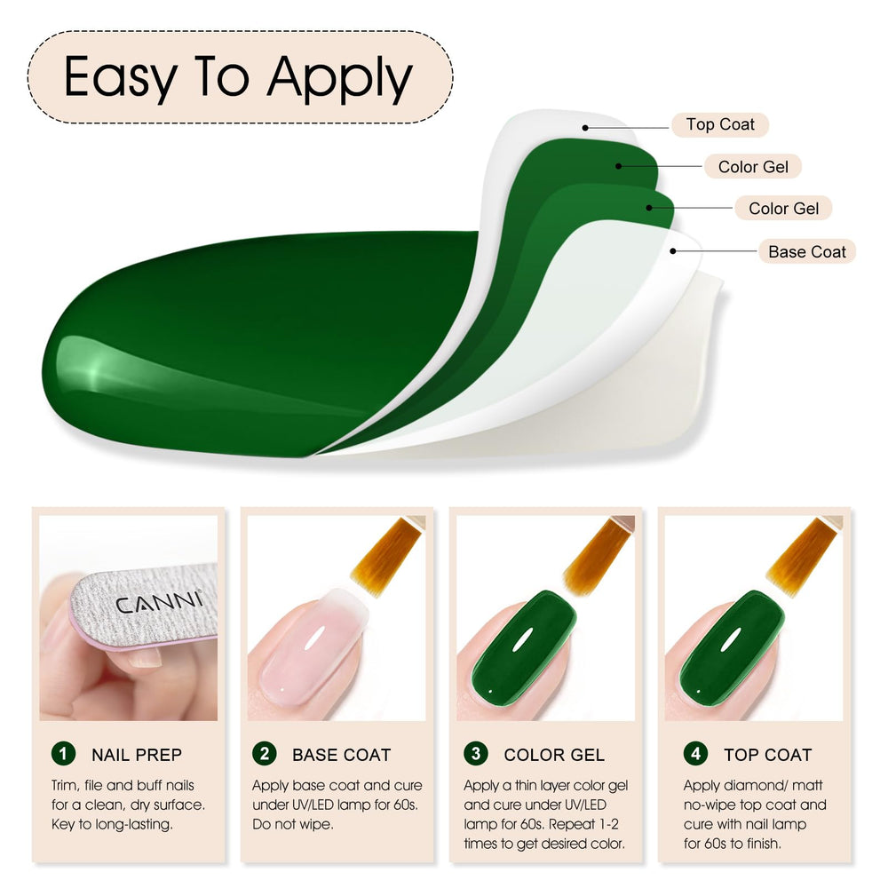 CANNI emerald gel polish bottle beside manicure sample for versatile styling