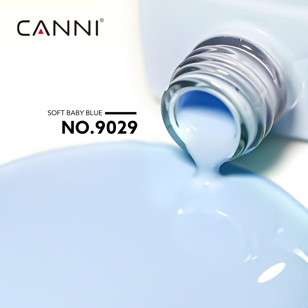CANNI light blue gel swatch demonstrates soft pastel hue on a nail swatch