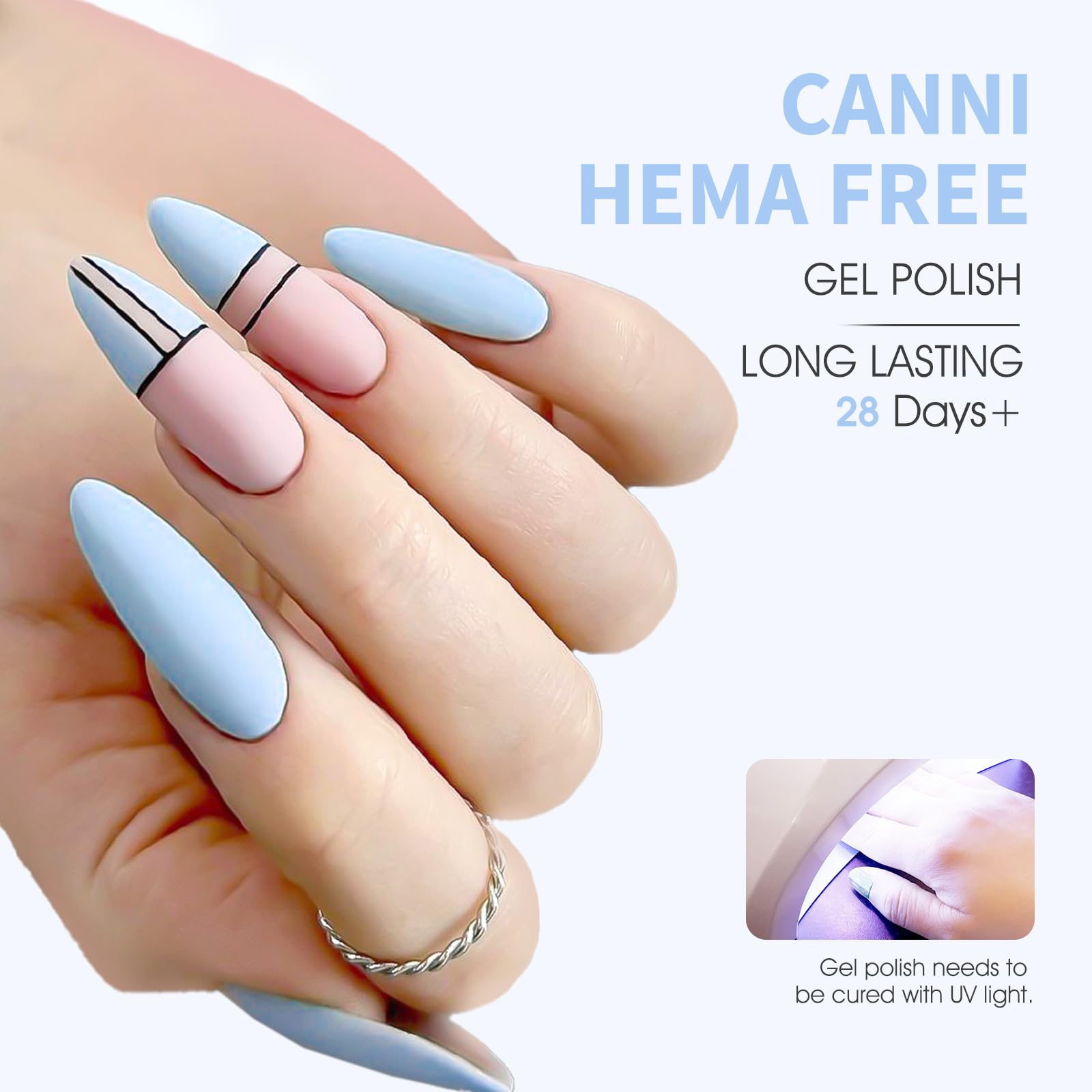 CANNI nails with light blue gel show a smooth, even pastel finish