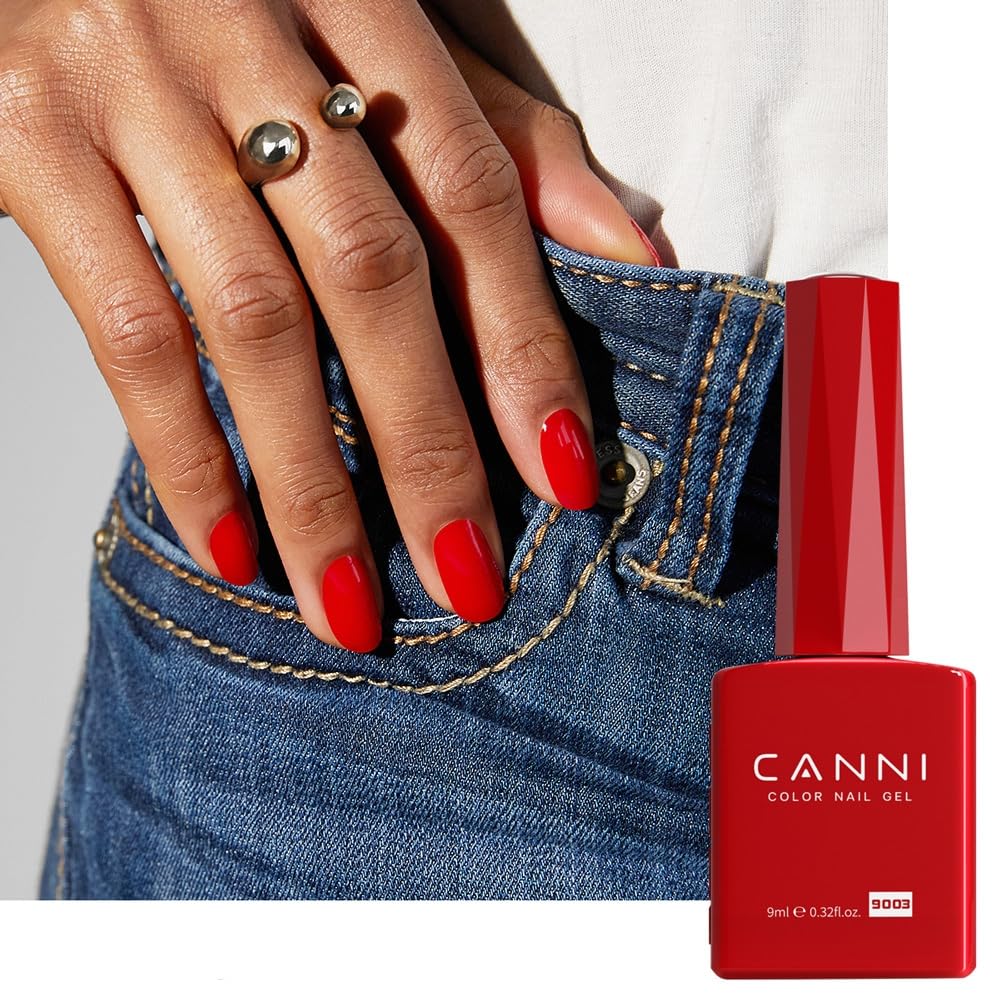 CANNI Red gel polish under lamp cure visual suggests 90-120 seconds for fast results.