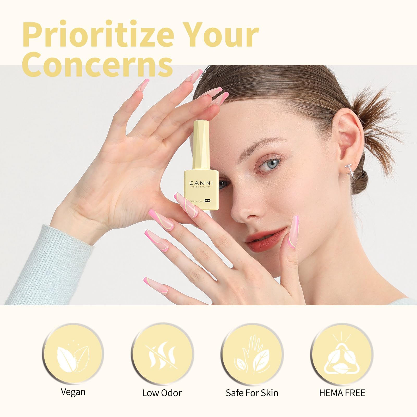 CANNI pastel-yellow gel polish shown with glossy finish and top coat.