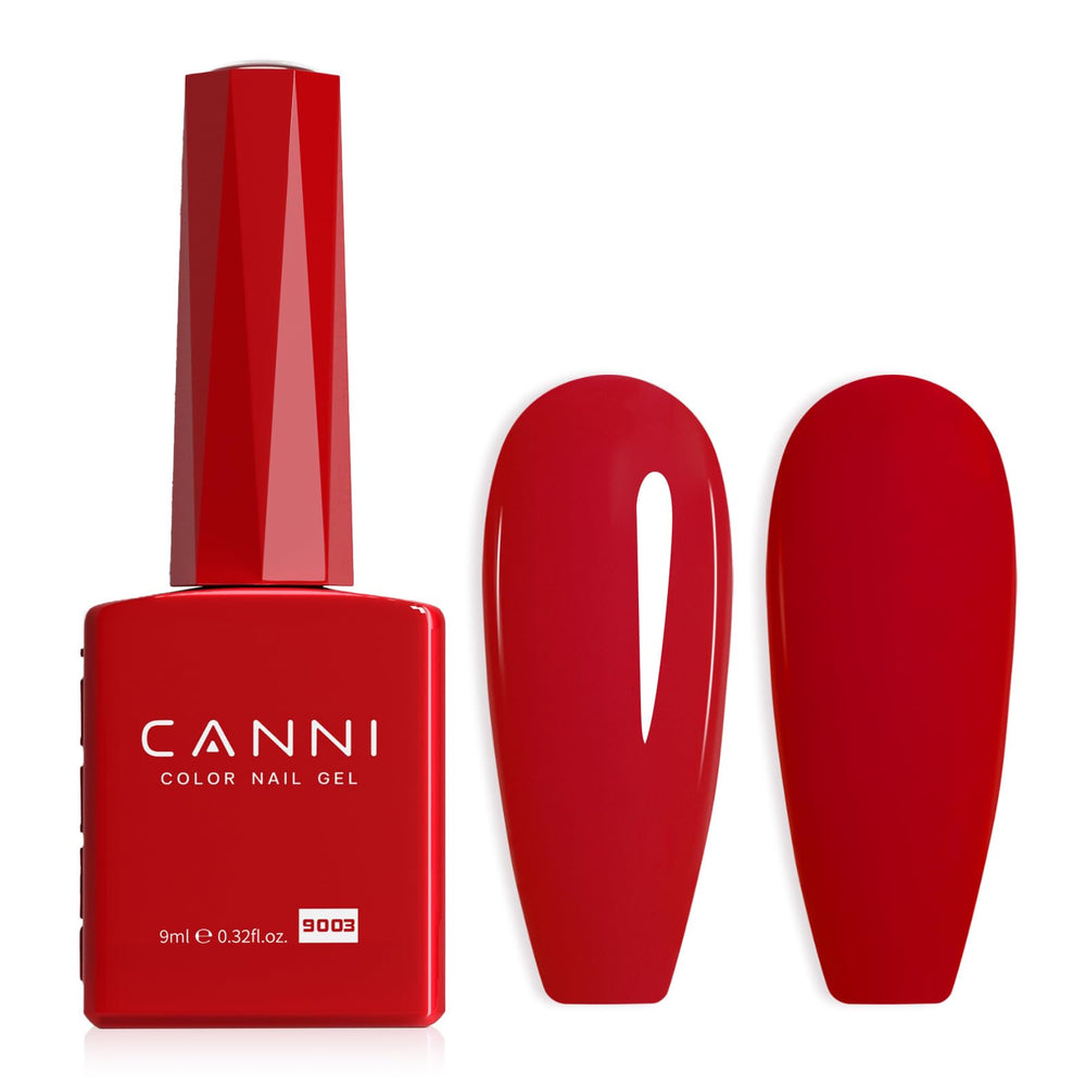 CANNI Red gel nail polish bottle close-up highlights true color for accurate manicure selection.