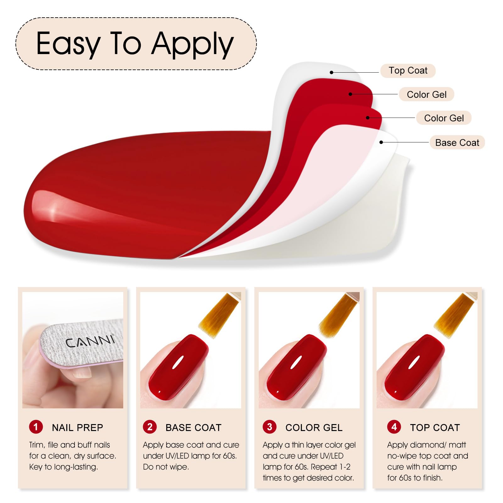 CANNI red gel nail polish wear test suggests long-lasting color.