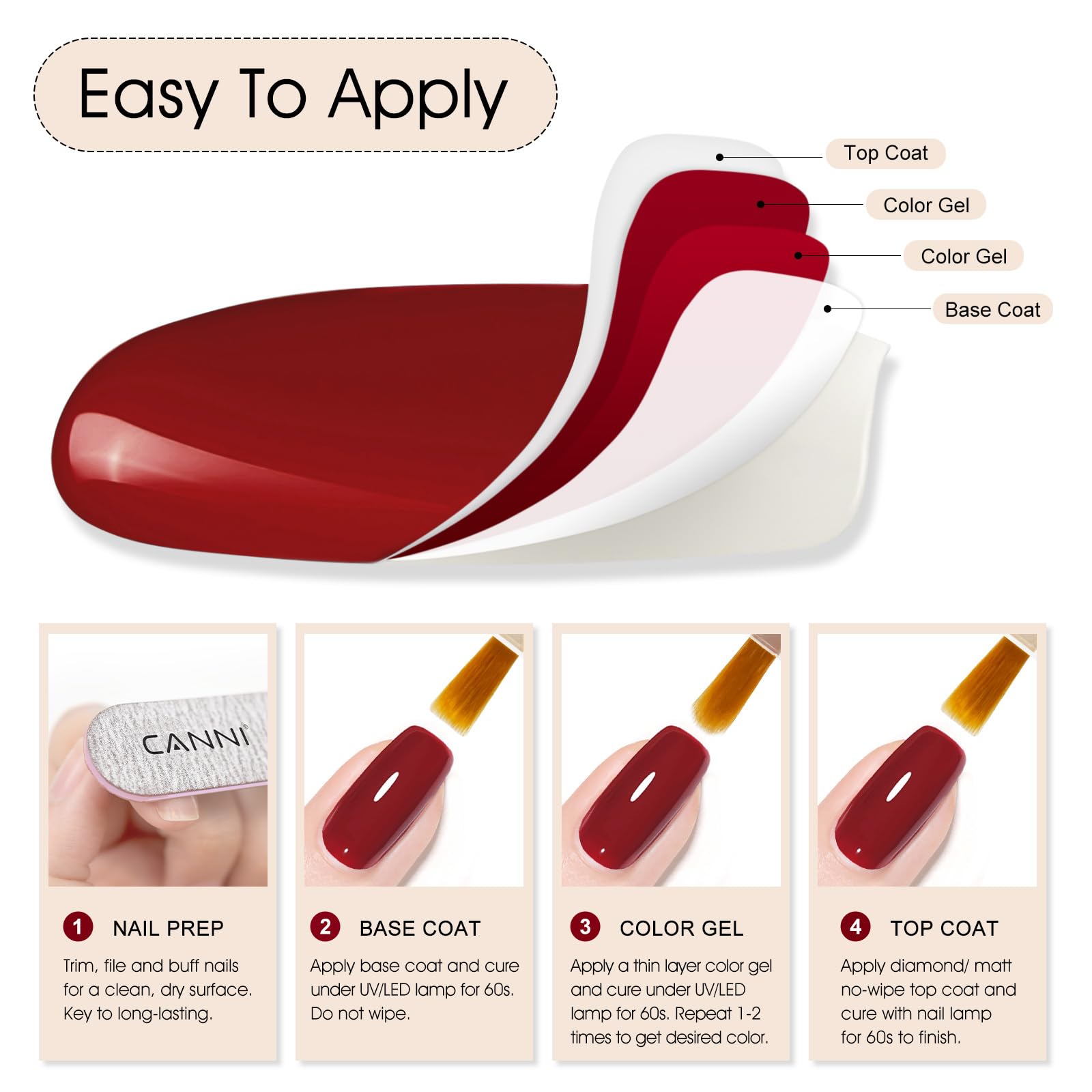CANNI Red Gel Polish nails with glossy finish and shine.