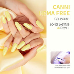 Canni yellow gel nail polish brush close-up highlights precise application.