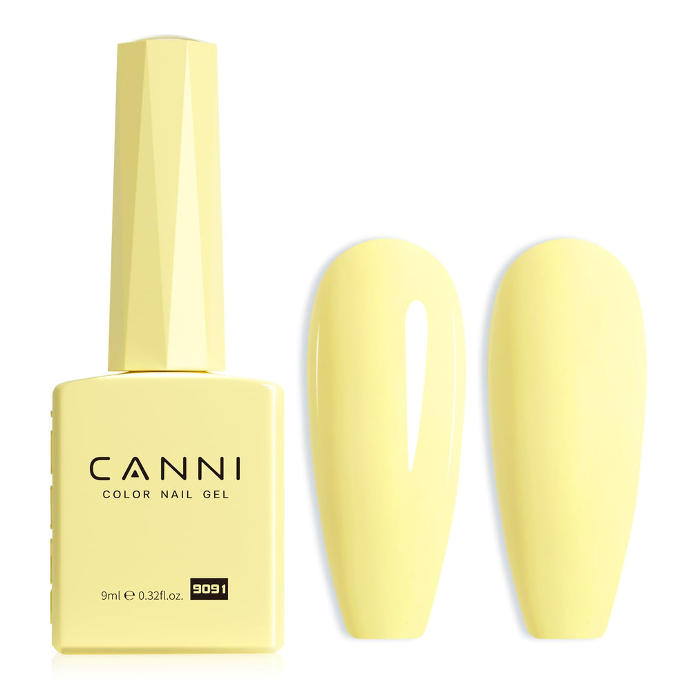 Canni yellow gel nail polish color bottle shows accurate pastel shade selection.