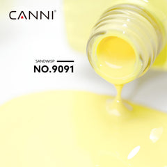 Canni yellow gel nail polish nail swatch demonstrates smooth, even coverage.