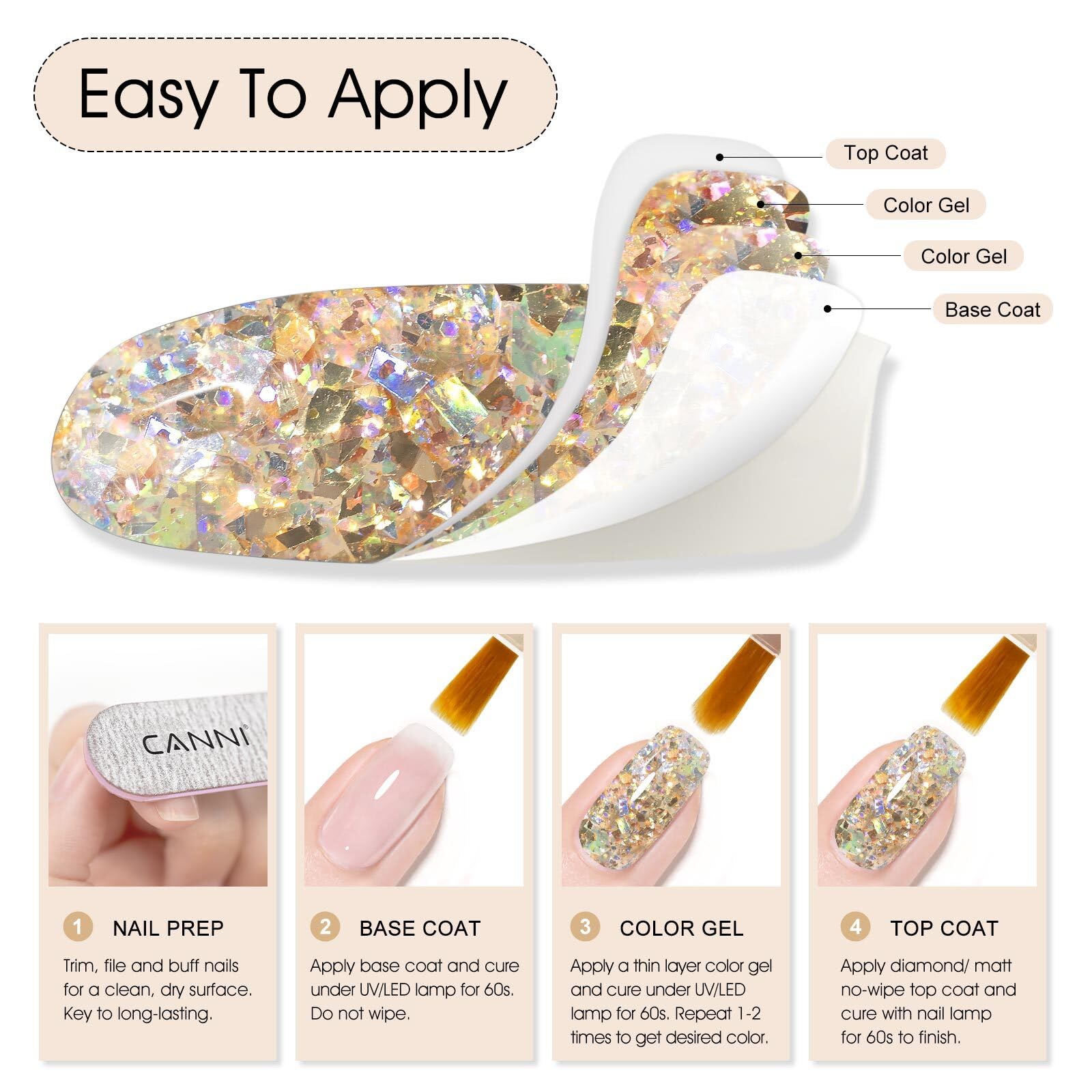 CANNI Glitter easy removal for gentle soak-off without nail damage.