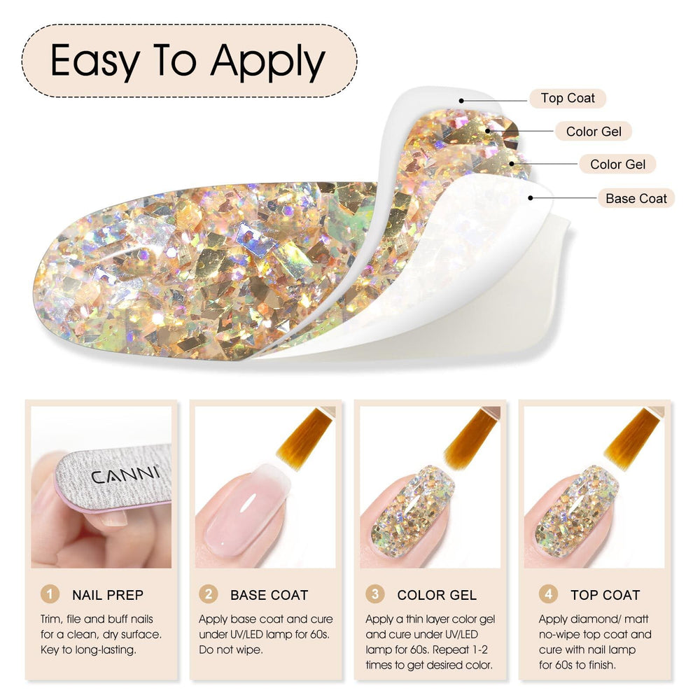 CANNI Glitter easy removal for gentle soak-off without nail damage.