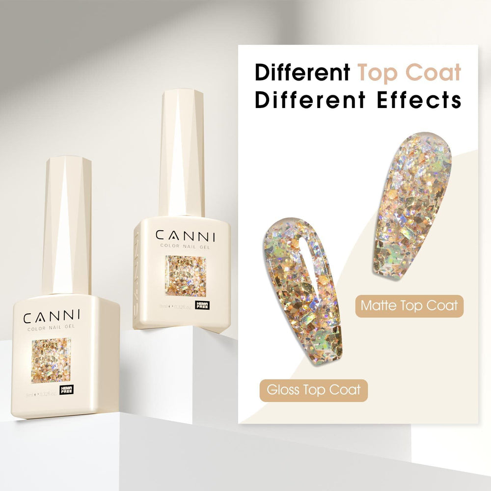 CANNI Glitter HEMA-free safe formula emphasizes gentle nail care.