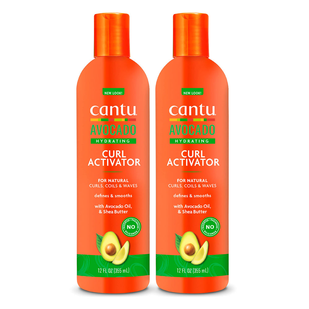 Cantu Avocado Hydrating Curl Activator Cream bottle showing frizz-free volume and defined curls.