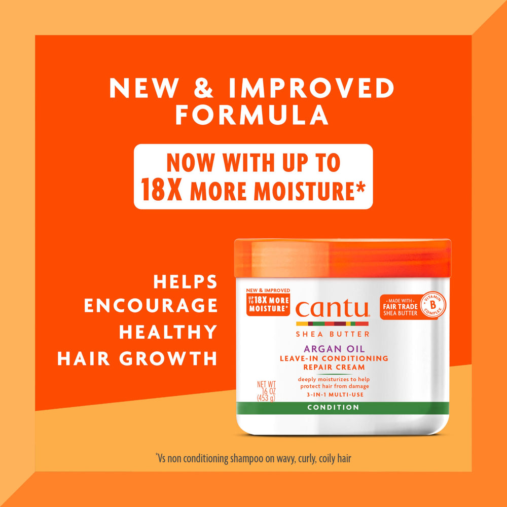 Cantu Argan Oil Leave-In Cream jar close-up showing rich formula for damaged hair care