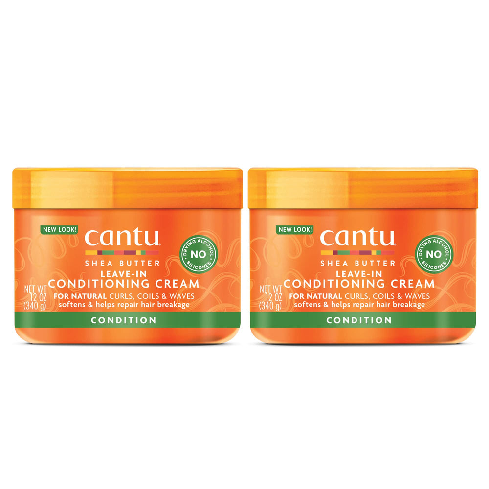 Cantu Leave-In Conditioning Cream bottle highlights pure shea butter for silky, frizz-free hair.