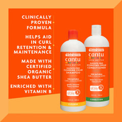 Close-up of Cantu Shea Butter Shampoo label highlighting sulfate-free formula