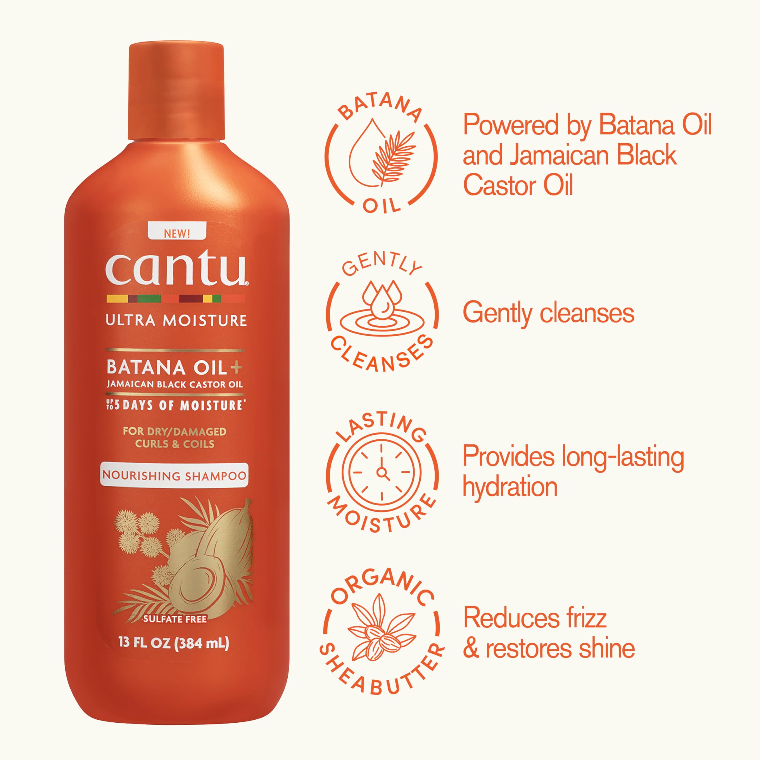 Cantu Ultra Moisture Shampoo bottle side showing Batana and Castor oils for hydration