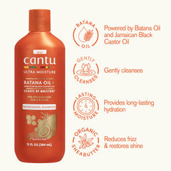 Cantu Ultra Moisture Shampoo bottle side showing Batana and Castor oils for hydration