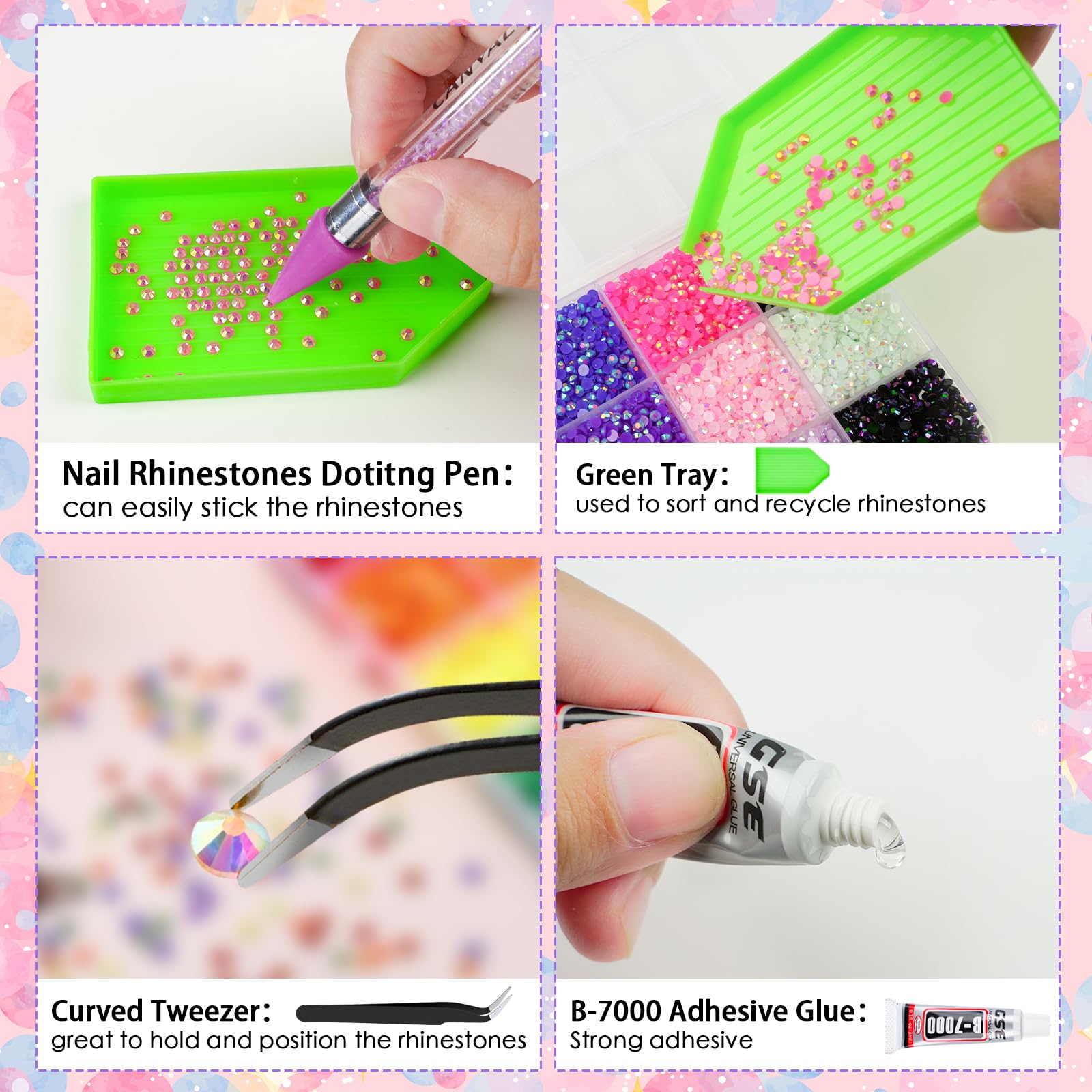 CANVALITE toolset with rhinestone picker and tweezers for easy placement.