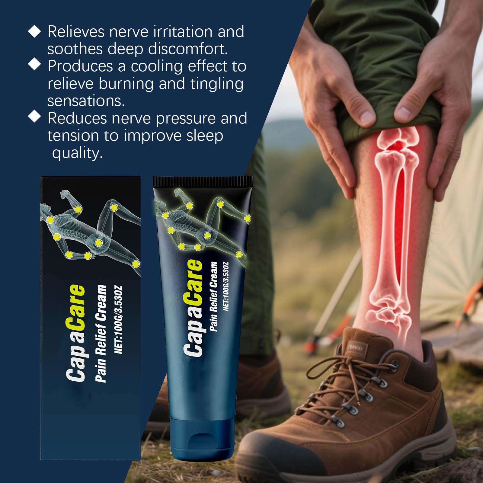 Capacare nerve cream applied to feet for targeted cooling and refreshment.