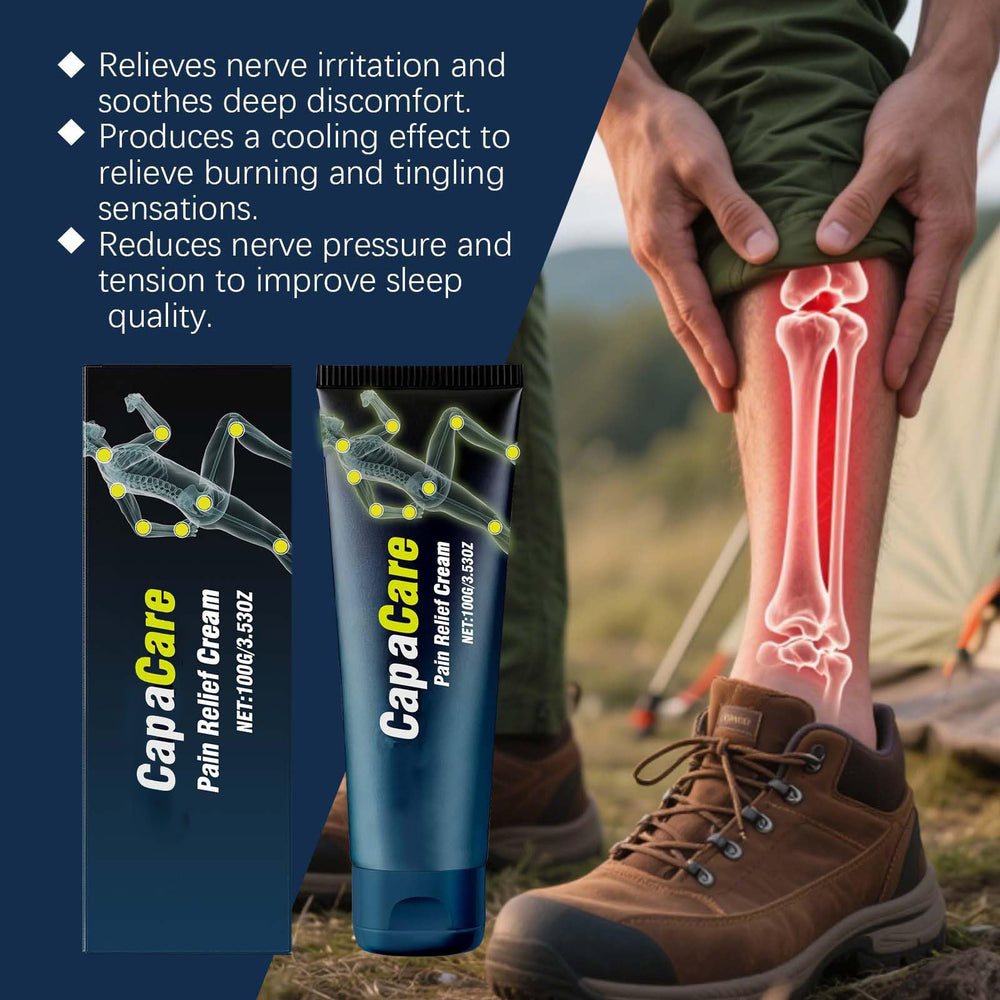 Capacare nerve cream applied to feet for targeted cooling and refreshment.