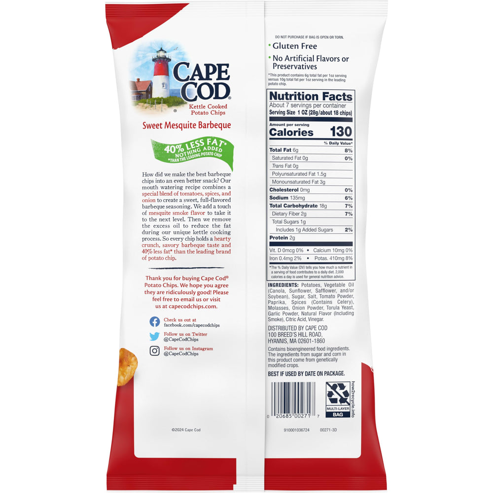 Cape Cod Less Fat Sweet Mesquite Barbeque chips kettle cooking delivers hearty crunch with less oil