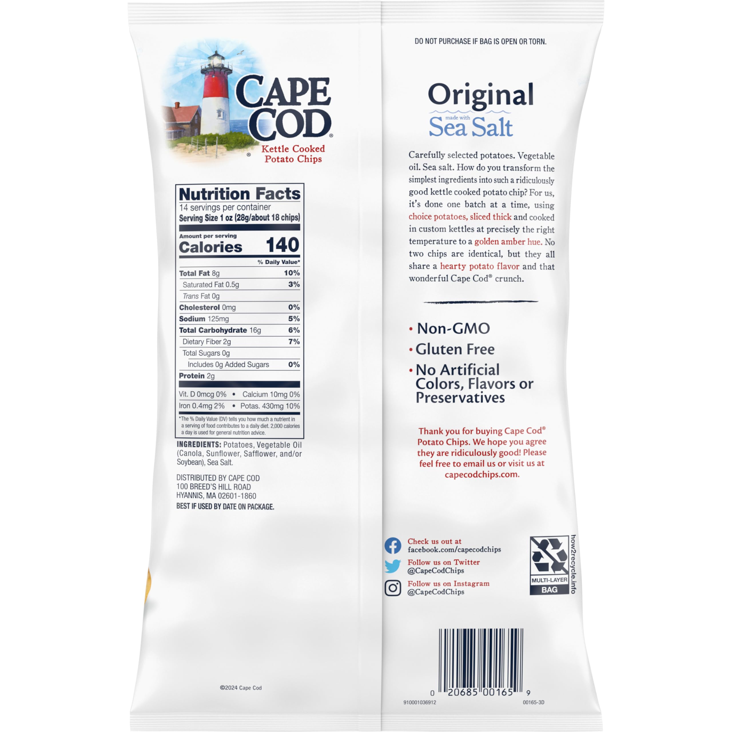 Cape Cod Original Kettle Cooked Chips offer crisp texture and bold aroma.
