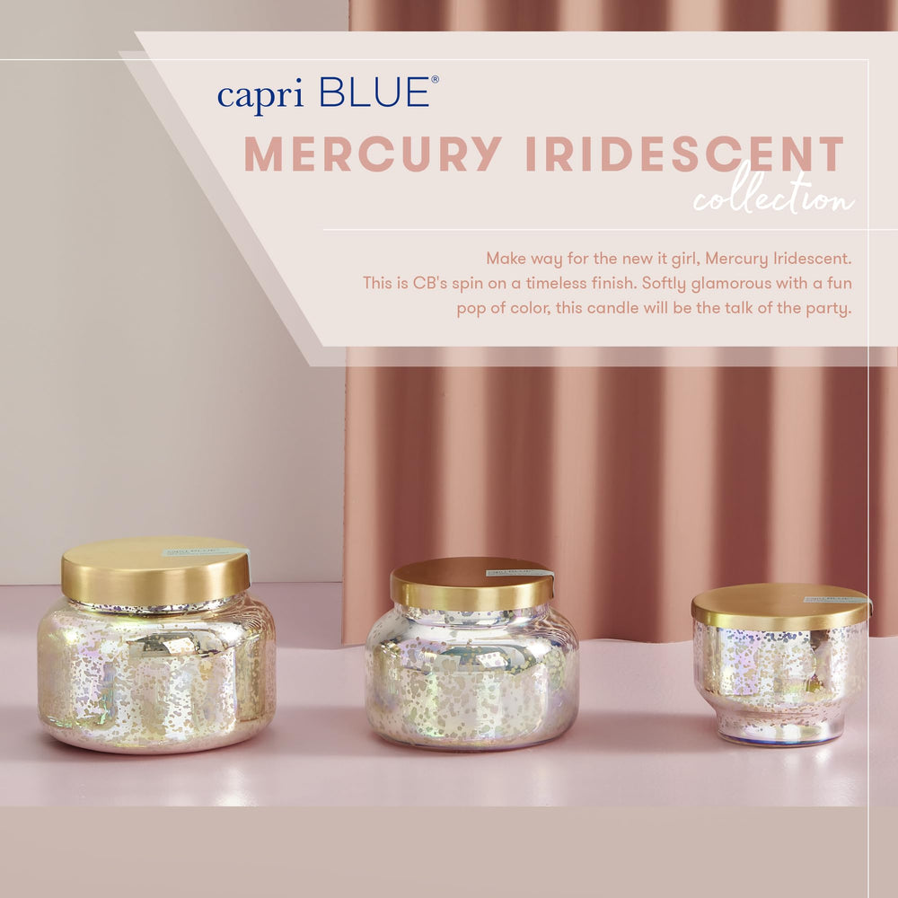 Capri Blue Mercury Iridescent Candle burns up to 85 hours for lasting ambiance.