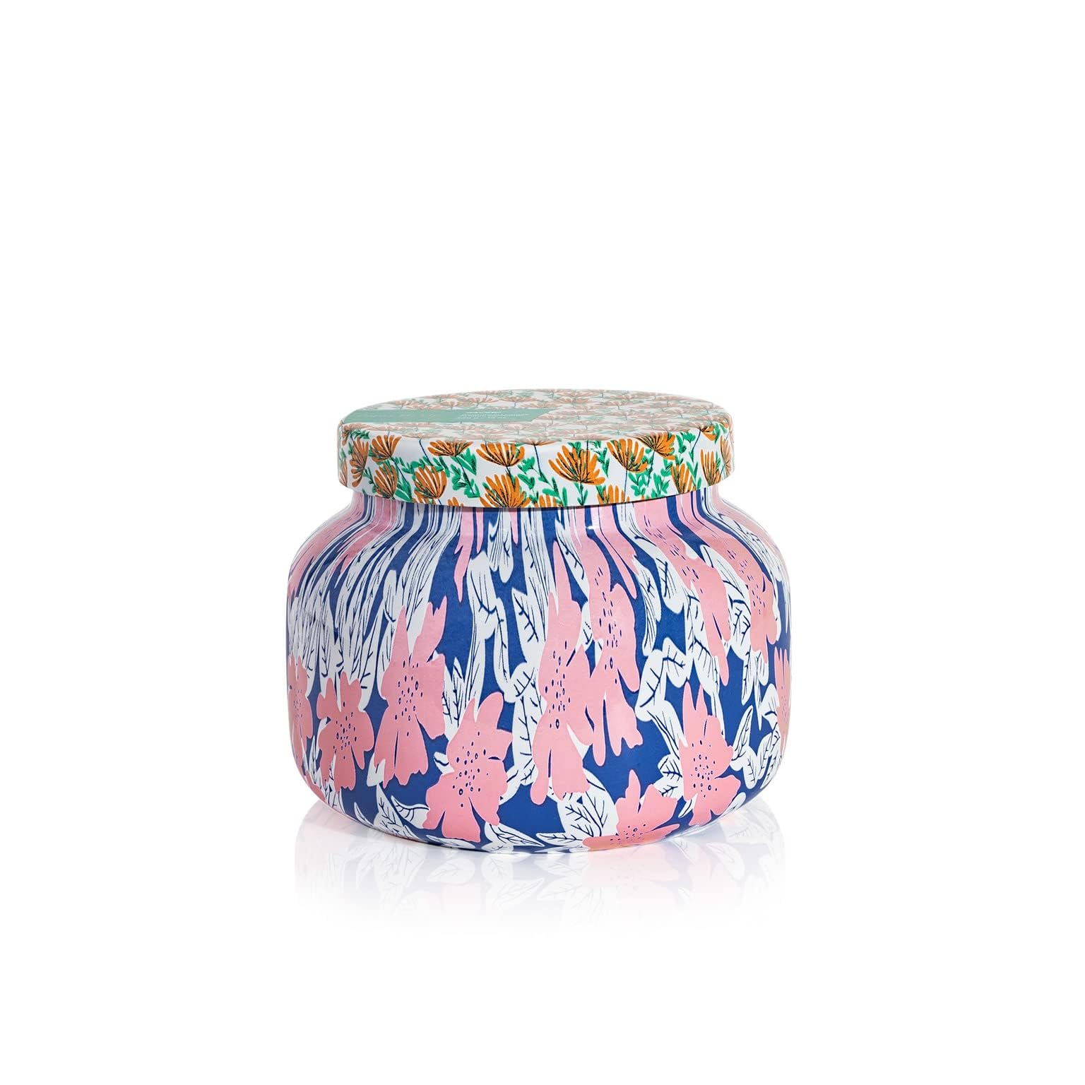 Capri Blue Pattern Play Volcano jar glows warmly, adding tropical ambiance.