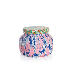 Capri Blue Pattern Play Volcano jar glows warmly, adding tropical ambiance.