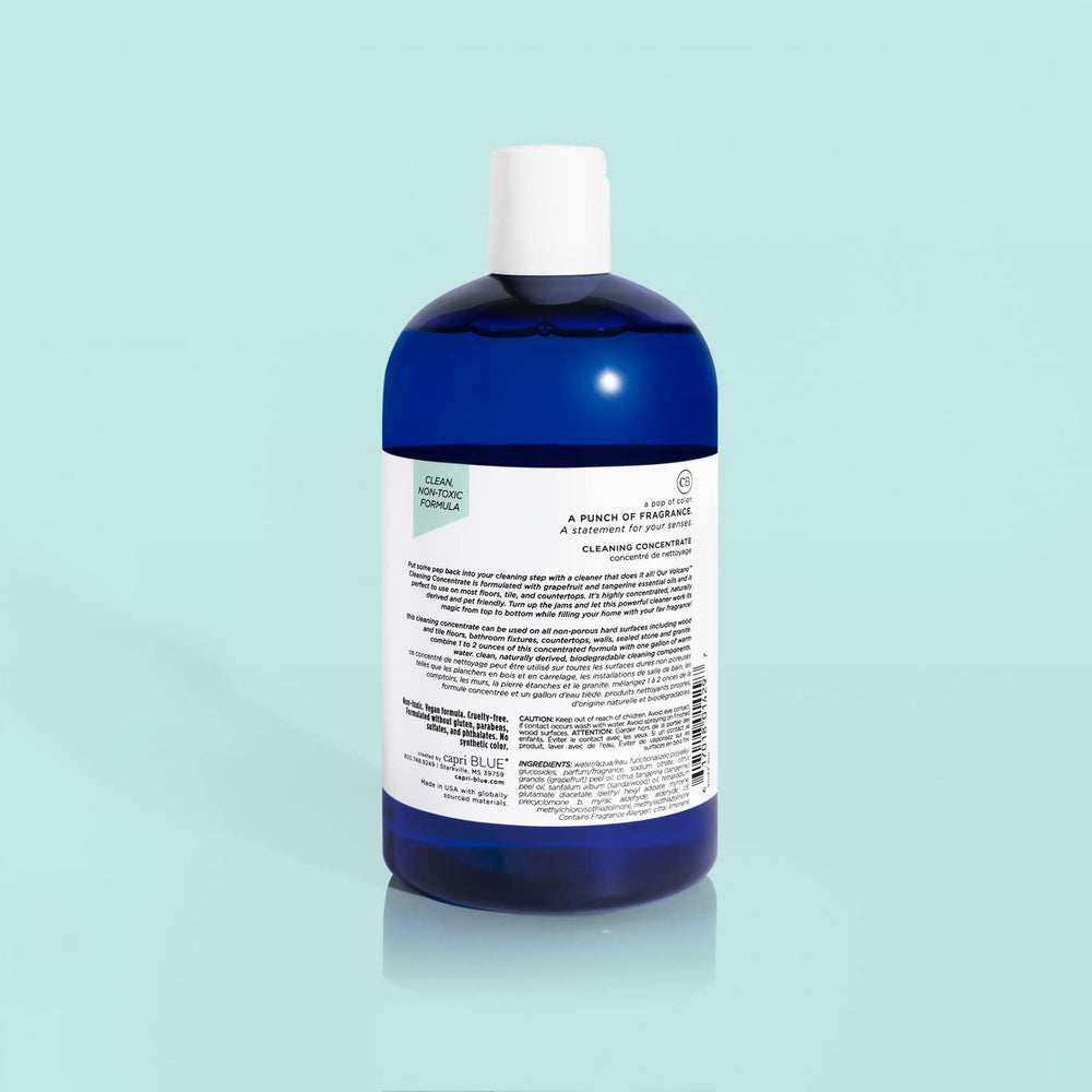 Capri Blue Volcano cleaner packaging graphic highlights eco-friendly and vegan claims.