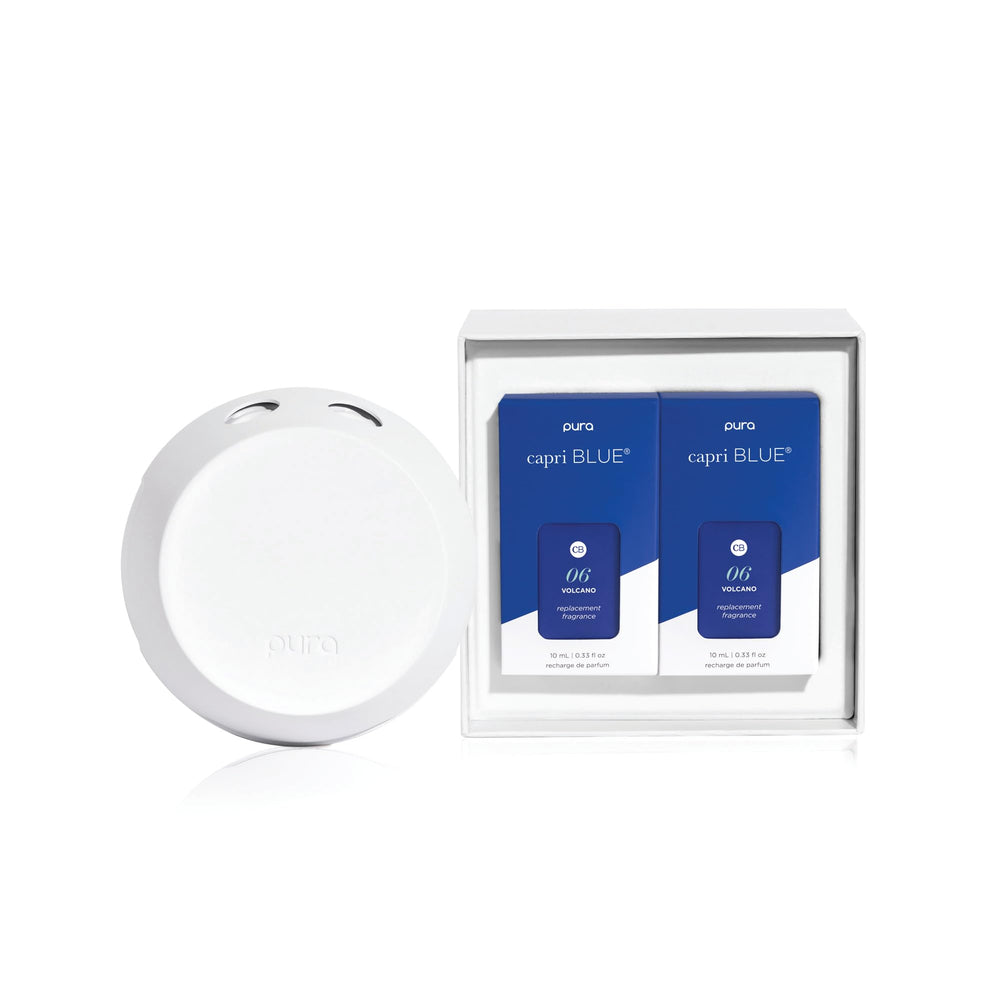 Capri Blue Volcano diffuser close-up shows vibrant fragrance notes.