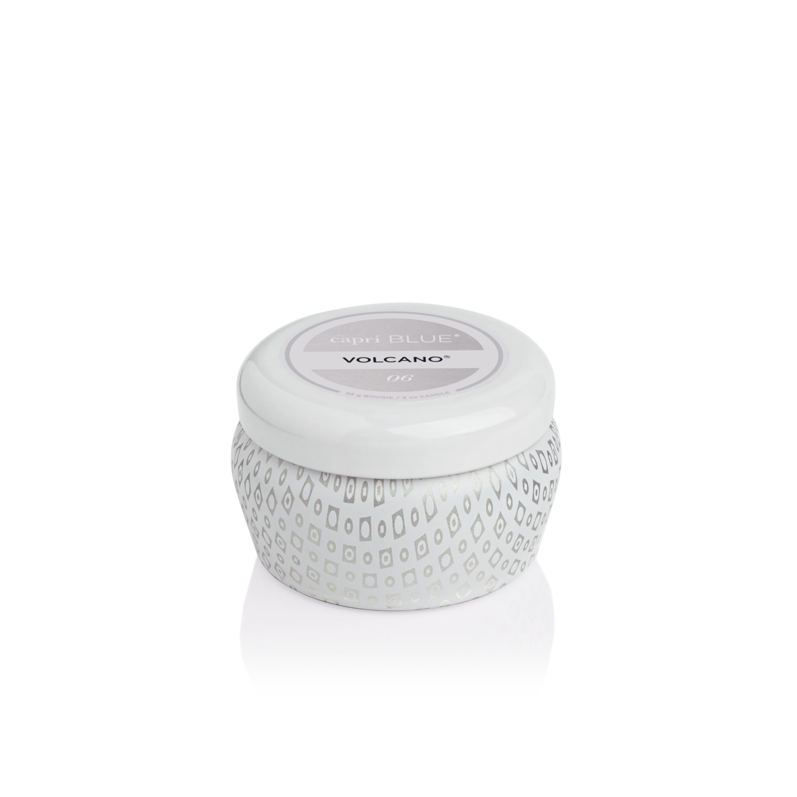 Capri Blue Volcano White mini tin candle with pour, travel-friendly fragrance option.