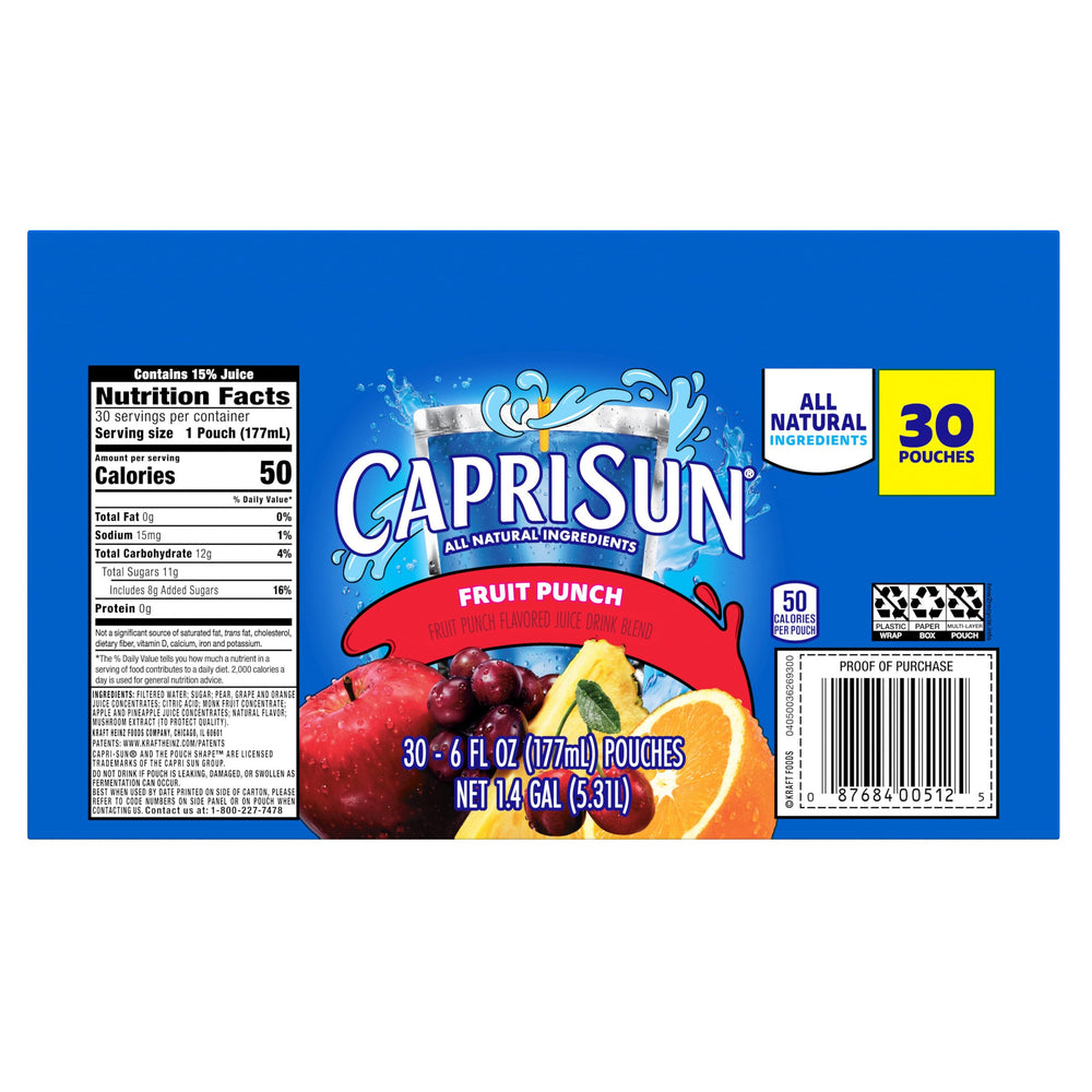 Capri Sun Fruit Punch pouch resting in a lunchbox.