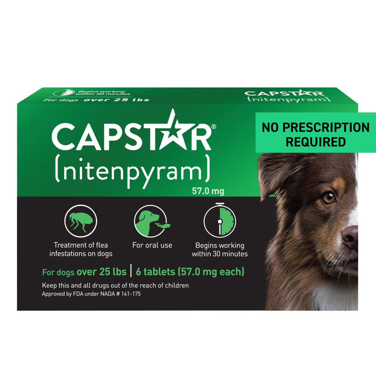 Capstar for Dogs packaging with tablets illustrating fast action.