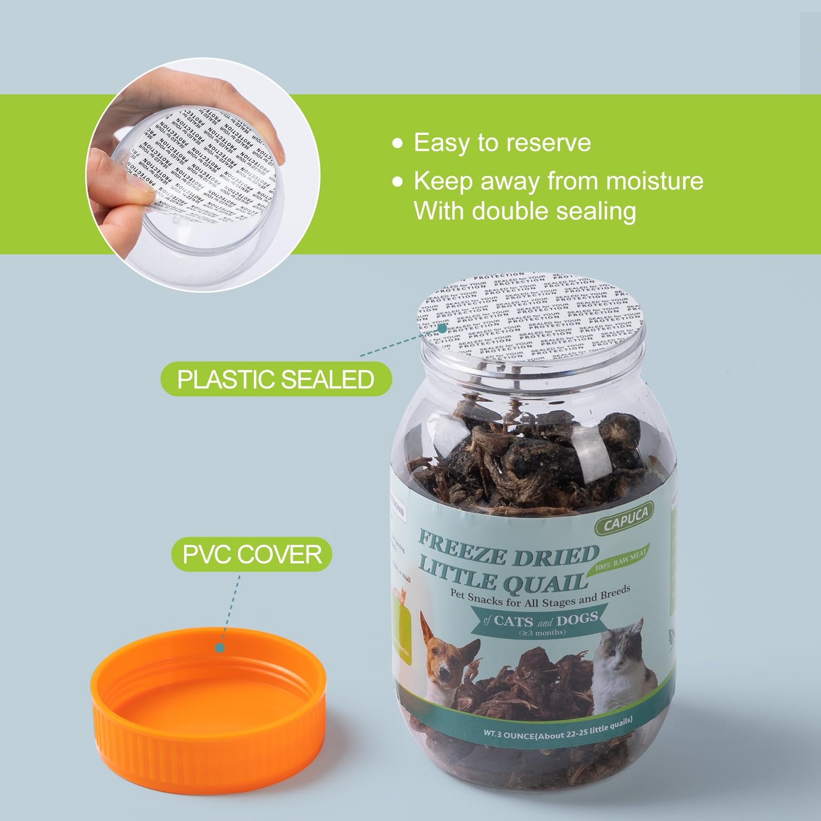 Capuca grain-free, additive-free label highlighting simple ingredients.